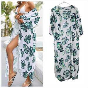 Beach Bikini Swimsuit Cover Up Cardigan Tropical Leaf Print Kimono Loose Casual
